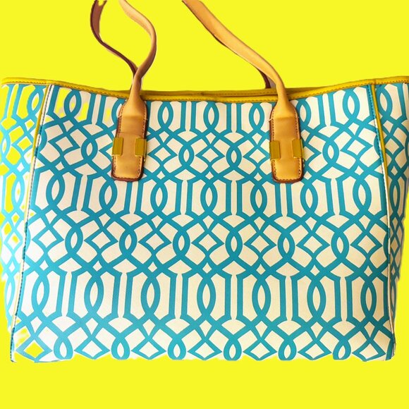 Kate Landry Tote "Like New" Teal/Yellow/White Lattice Design Gold Hardware - Picture 1 of 12